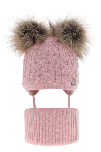 Flicka vinter set: mössa och halsduk, rosa, med två pompommar, knytband, Poliana