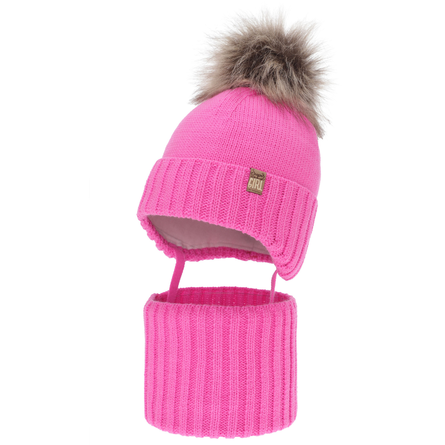 Flicka vinter set: mössa och tubhalsduk, rosa, med pompom, Primula