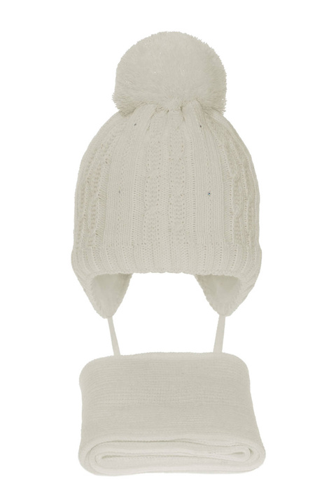 Flicka vinter set: mössa och halsduk, kremowy, med pompom, Candy