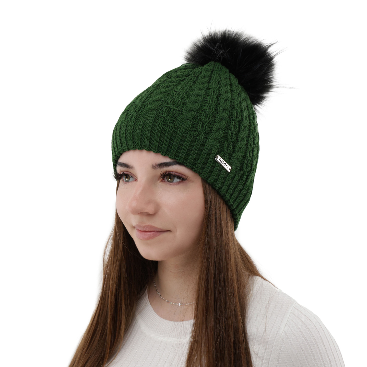 Dam vintermössa, grön, med pompom, med merinull, Satina