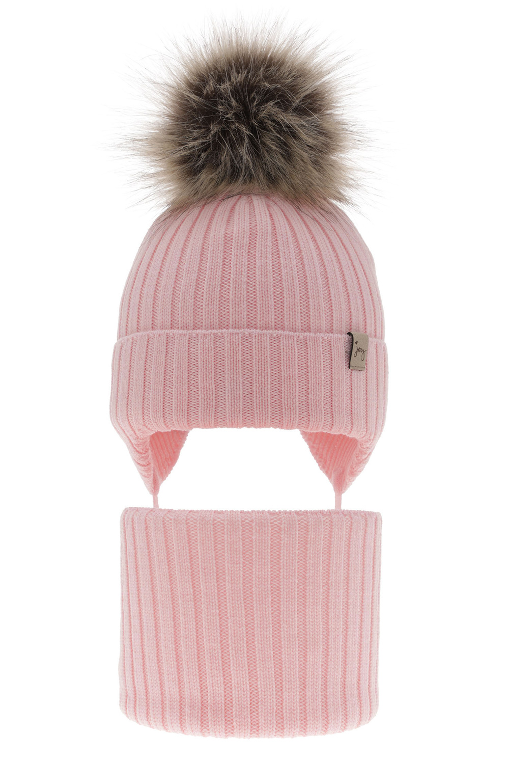 Flicka vinter set: mössa och halsduk, rosa, med knytband, med pompom, 100% Merino Ull, Junika