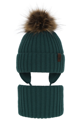 Pojke vinter set: mössa och tubhalsduk, grön, med pompom, Puzel