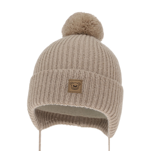 Pojke vintermössa, ljusbrun, med knytband, 100% Merino Ull, fodrad med ullfleece, Tofik