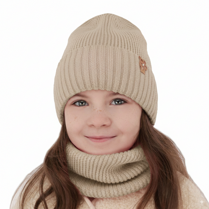 Flicka vinter set: mössa och tubhalsduk, beige, 100% Merino Ull, Nelita