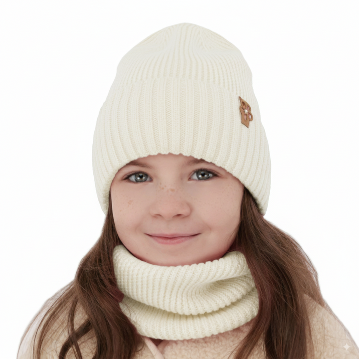 Flicka vinter set: mössa och halsduk, kremowy, 100% Merino Ull, Nelita