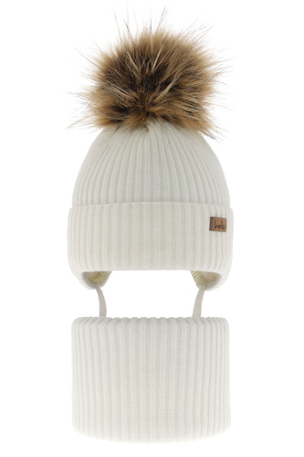Pojke vinter set: mössa och halsduk, kremfärgad, med pompom, Bergo