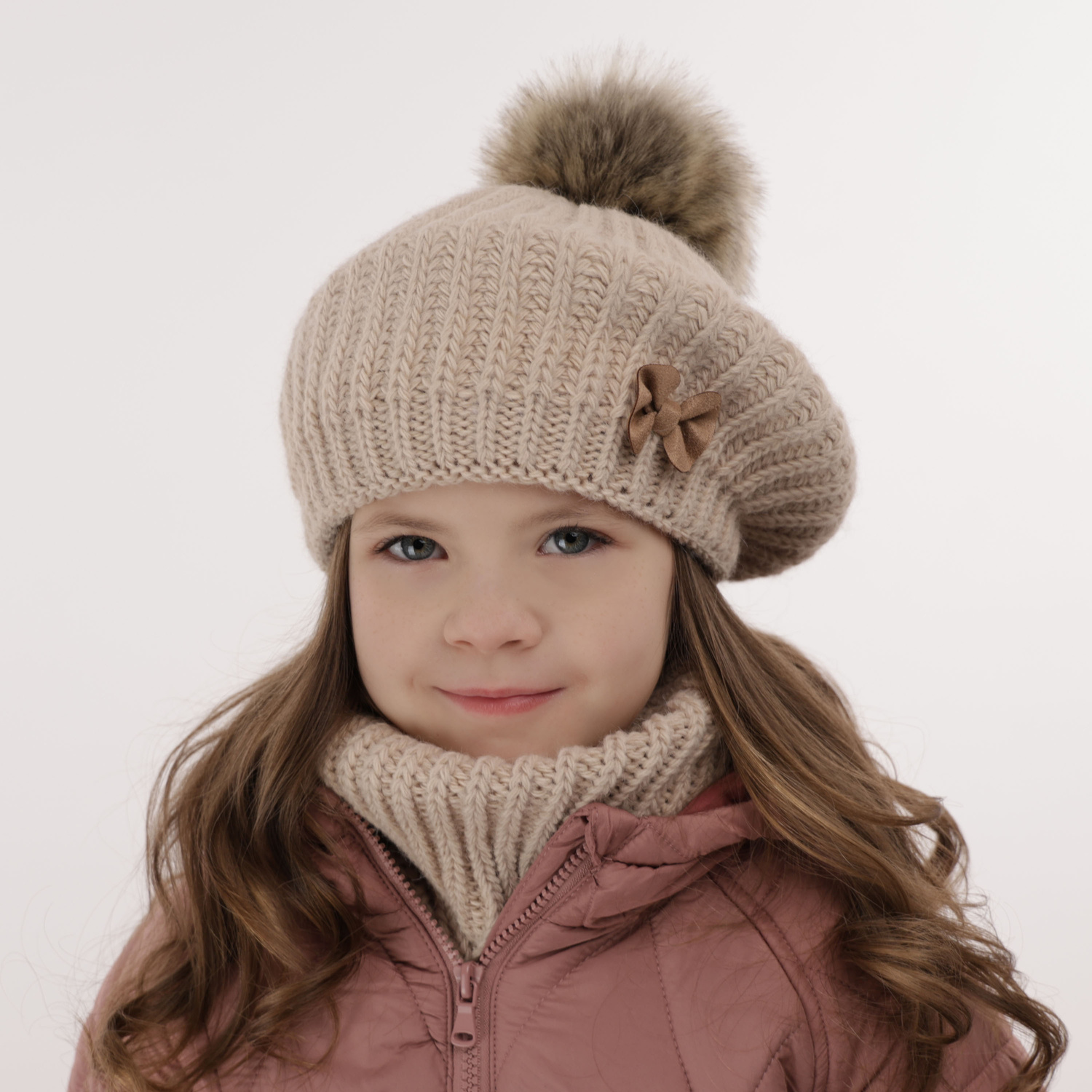 Flicka vinter set: mössa och halsduk, rosa, med pompom, Polinezja