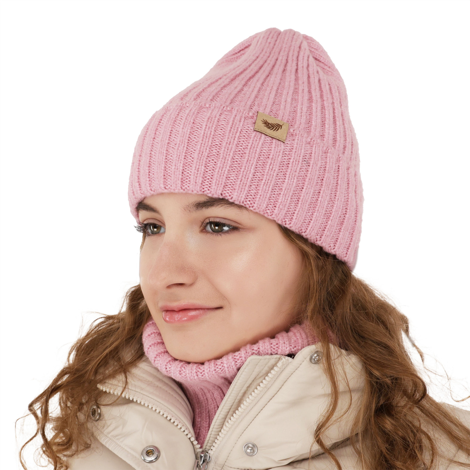 Flicka vinter set: mössa och tubhalsduk, rosa, med merinull, Karmina