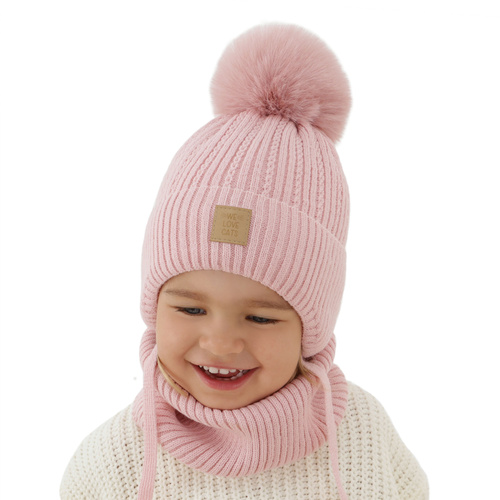Flicka vinter set: mössa och halsduk, ljusrosa, med pompom, Betty