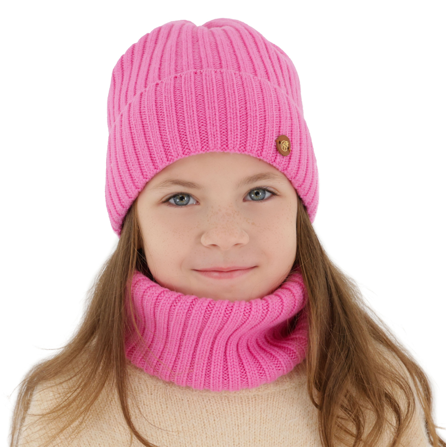 Flicka vinter set: mössa och tubhalsduk, rosa, 100% Merino Ull, fodrad med bomull, Vanira
