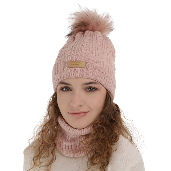 Flicka vinter set: mössa och tubhalsduk, rosa, med pompom, Alika