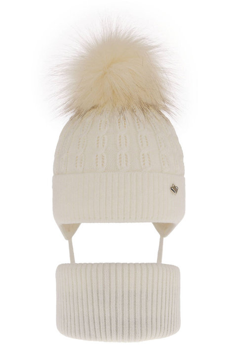 Flicka vinter set: mössa och tubhalsduk, kremfärgad, med pompom, Tukana