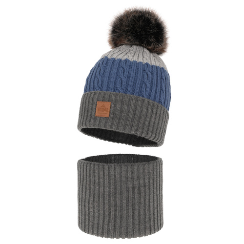 Pojke vinter set: mössa och halsduk, grå, med pompom, Luxor
