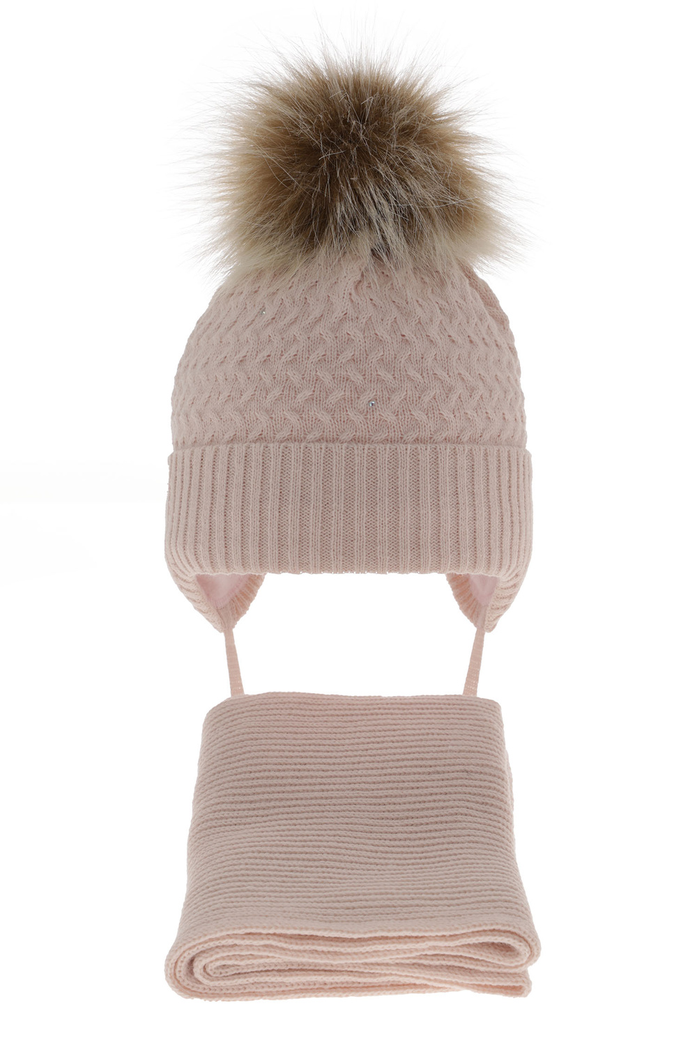 Flicka vinter set: mössa och halsduk, ljusrosa, med pompom, med knytband, Zelta