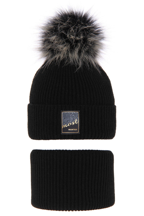 Flicka vinter set: mössa och tubhalsduk, svart, med pompom, Sycylia