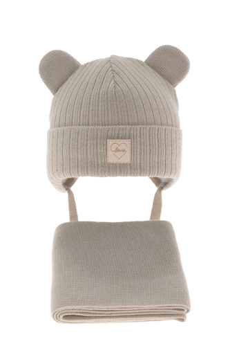 Flicka vinter set: mössa och halsduk, beige, med knytband, Antola