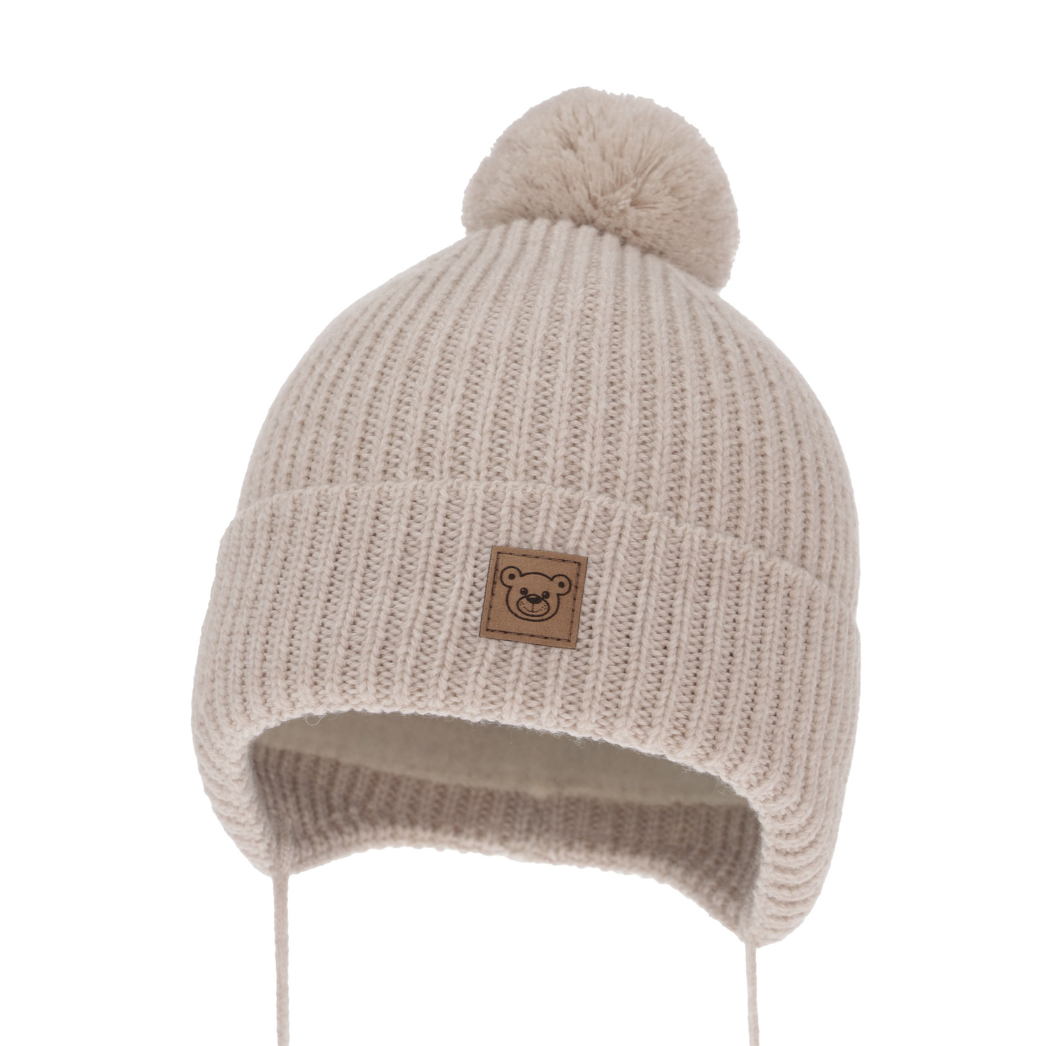 Pojke vintermössa, beige, med knytband, 100% Merino Ull, Tacco