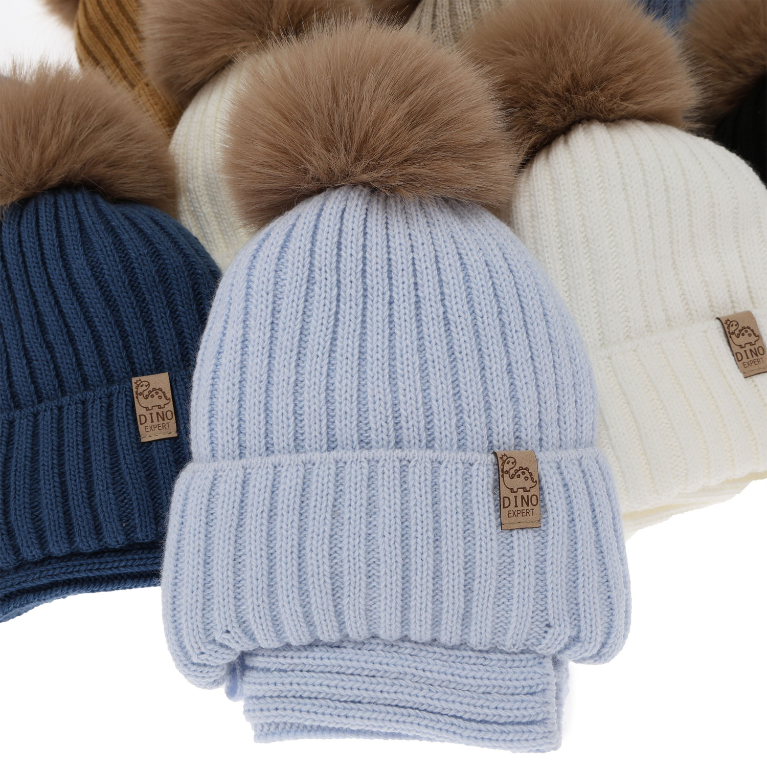 Pojke vinter set: mössa och halsduk, blå, med pompom, Bagil