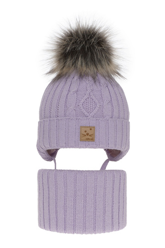 Flicka vinter set: mössa och tubhalsduk, lila, med pompom, knytband, Aida