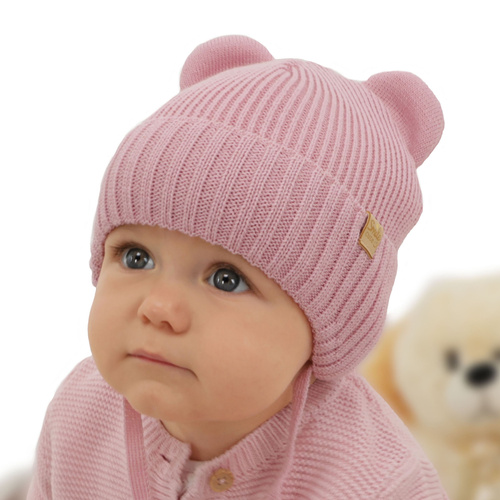 Flicka vintermössa, rosa, med knytband, med merinull, Shira
