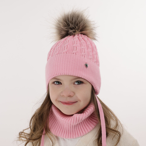 Flicka vinter set: mössa och halsduk, rosa, med pompom, Tukana