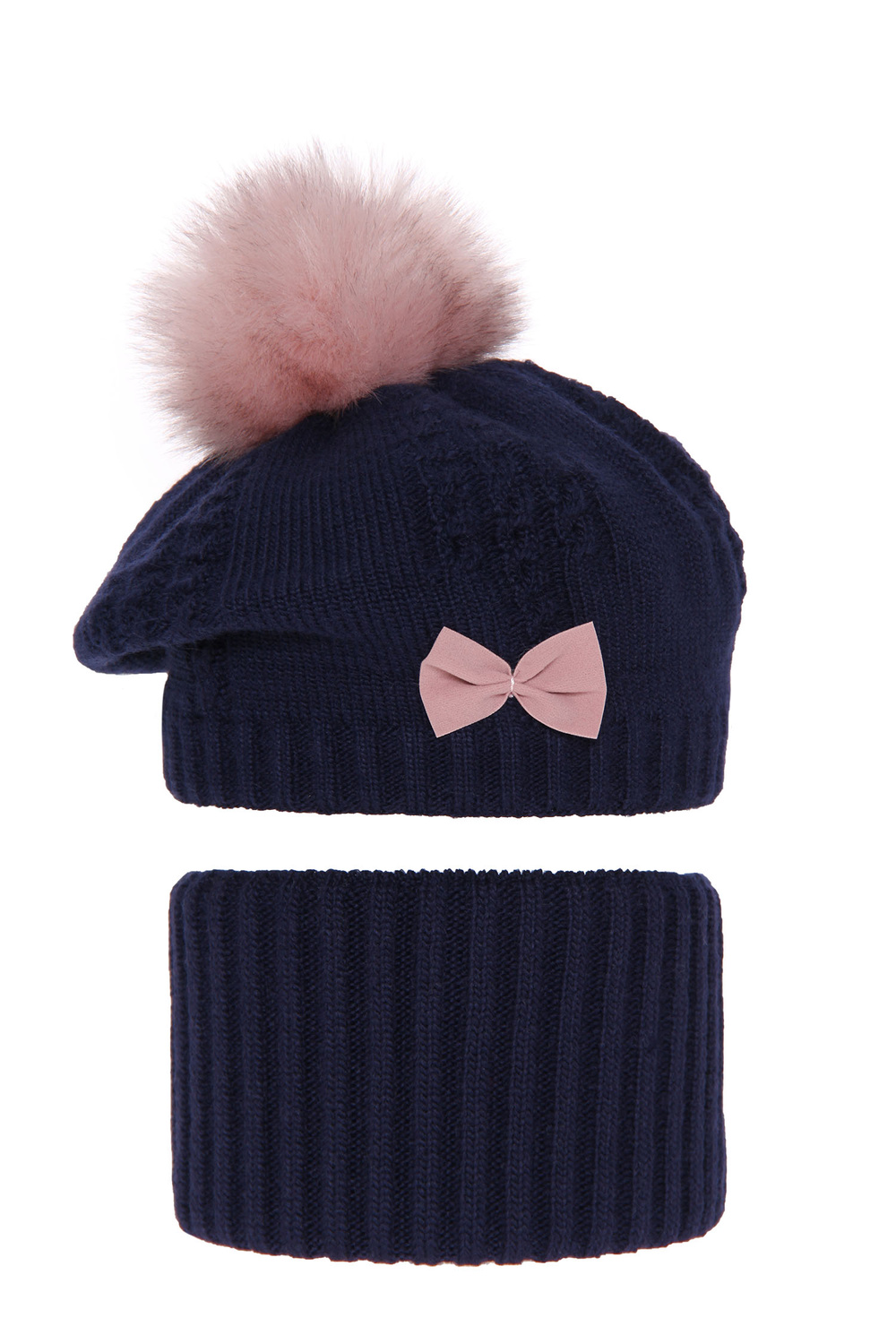 Flicka vinter set: mössa och halsduk, granat, med pompom, Amora