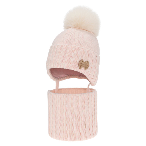 Flicka vinter set: mössa och tubhalsduk, ljusrosa, med pompom, Talena