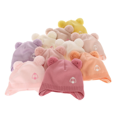 Flicka höst/vår mössa, vit, med två pompommar, knytband, Bunia