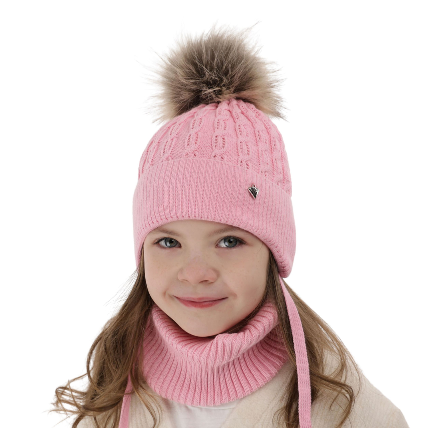 Flicka vinter set: mössa och tubhalsduk, rosa, med pompom, Tukana