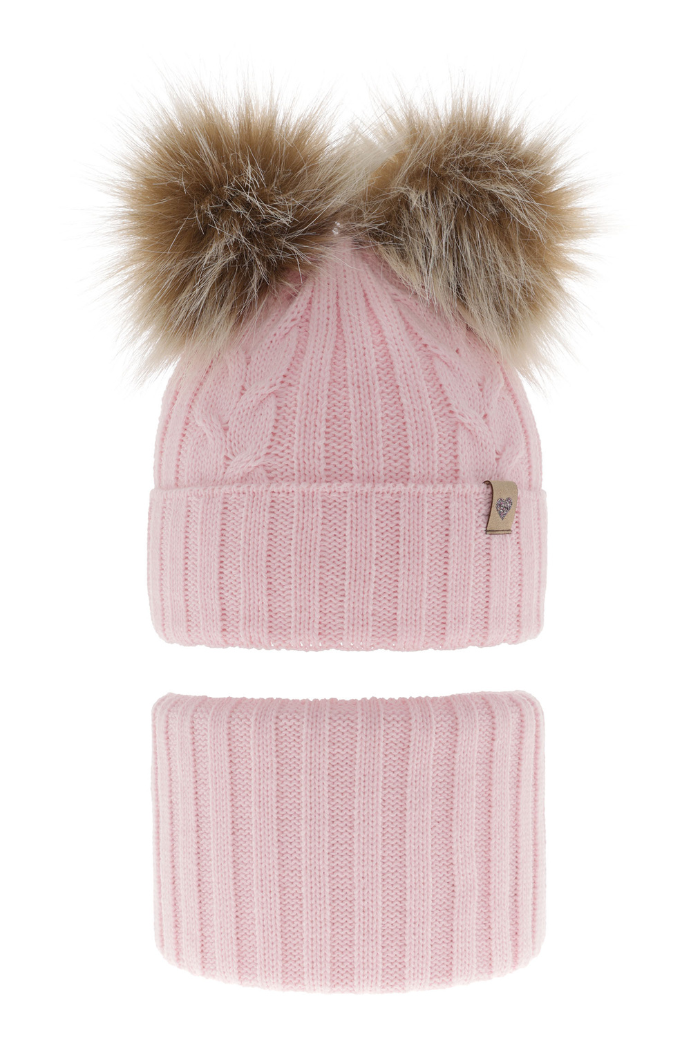 Flicka vinter set: mössa och tubhalsduk, rosa, med två pompommar, Amala