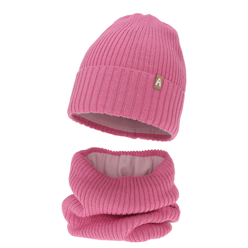 Flicka vinter set: mössa och tubhalsduk, rosa, med merinull, fodrad med fleece, Peggy