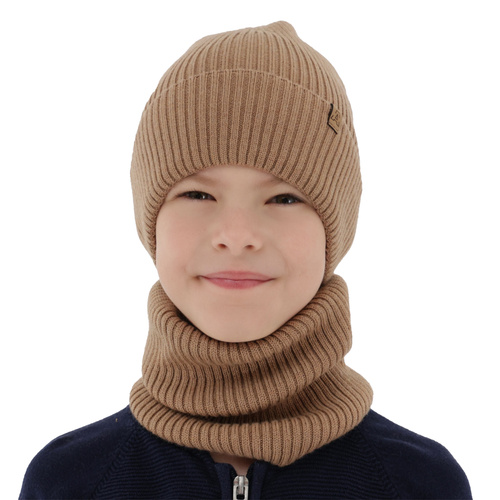 Pojke höst/vår set: mössa och halsduk, camel, 100% Merino Ull, Lemas