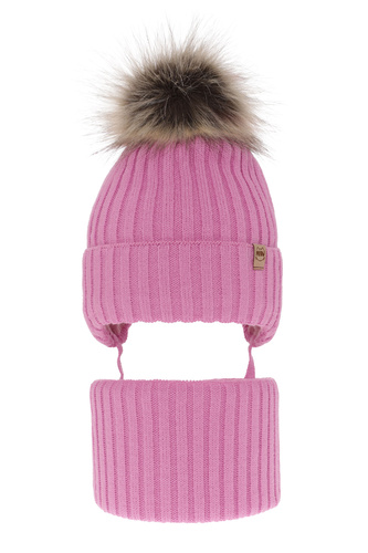 Flicka vinter set: mössa och halsduk, rosa, med pompom, knytband, Louisa