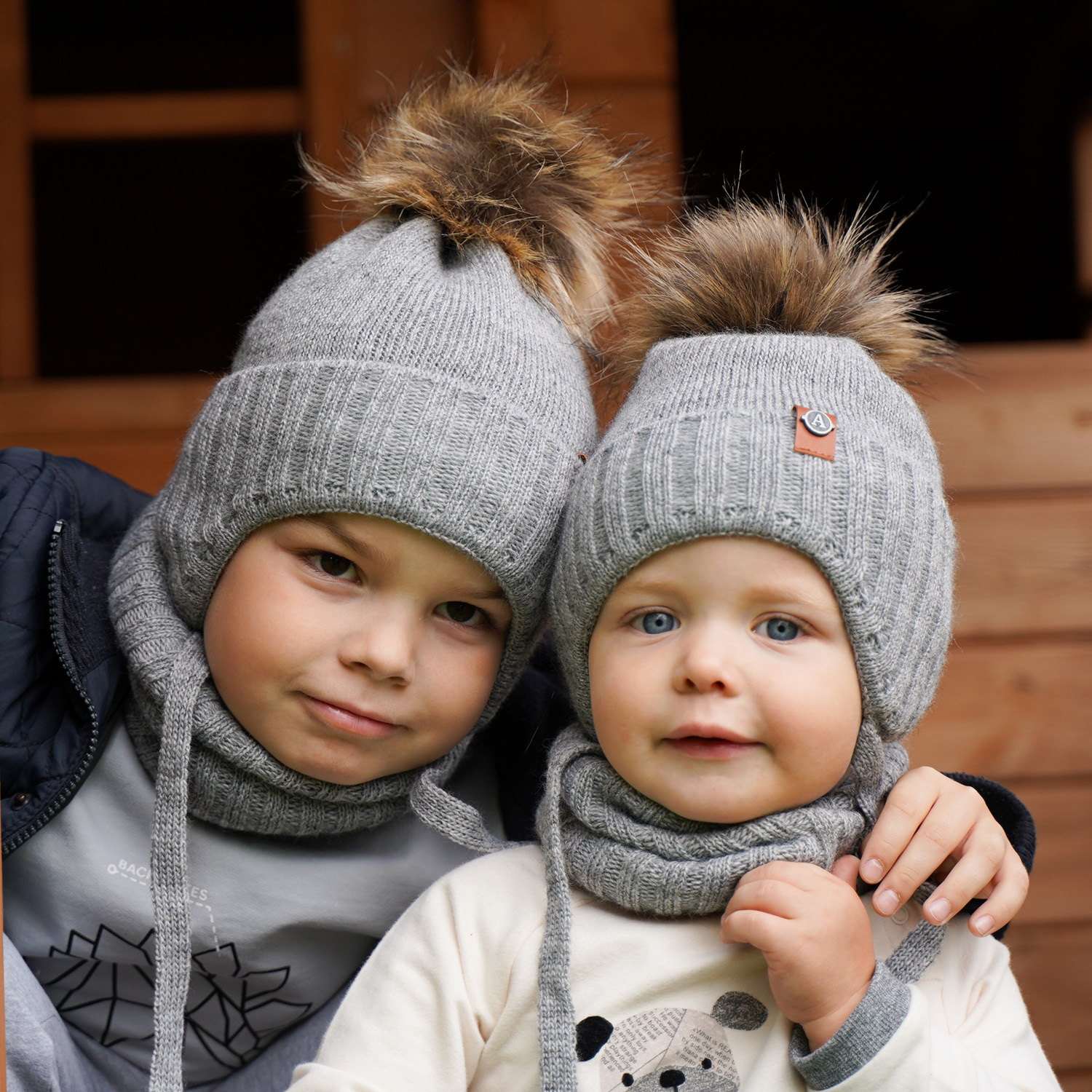 Pojke vinter set: mössa och tubhalsduk, grå, med knytband, Dominik
