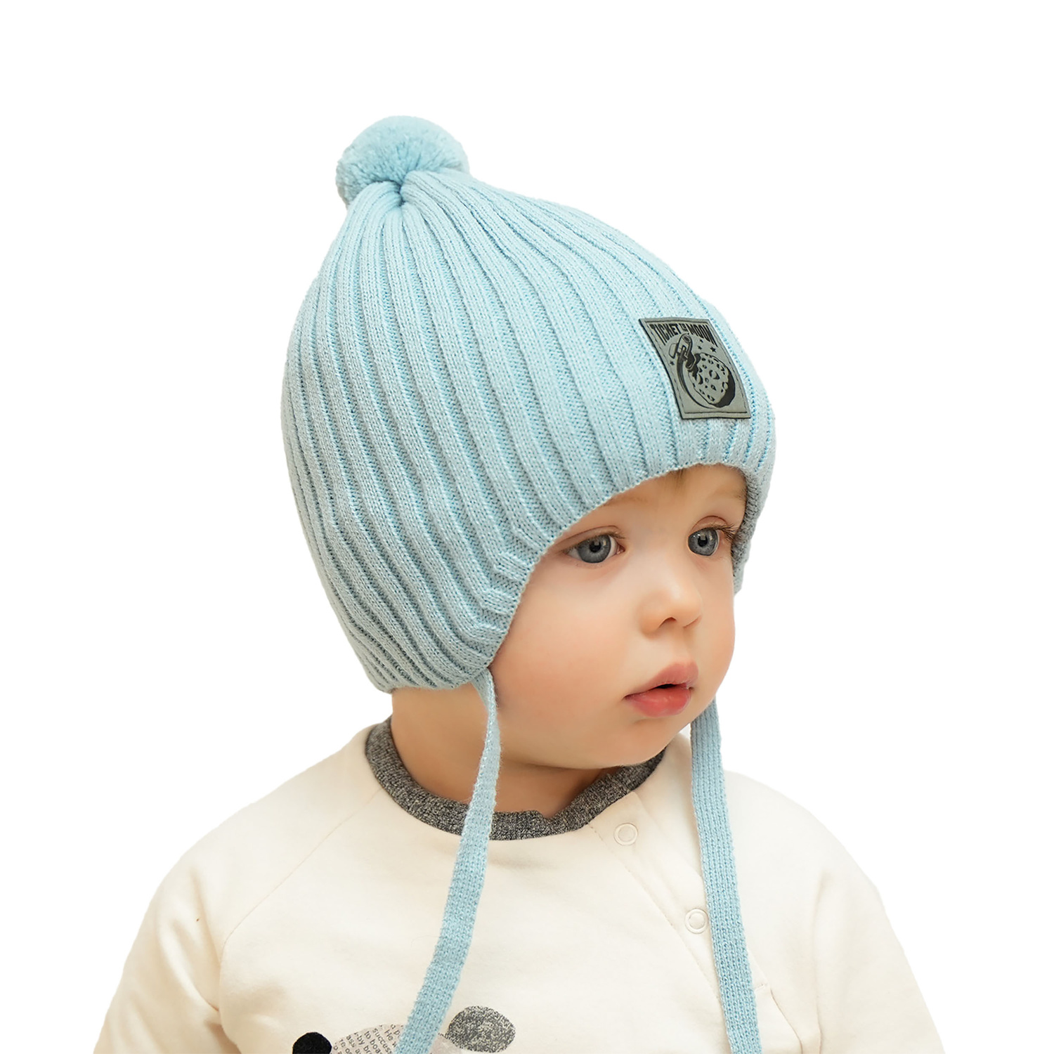 Pojke höst/vår mössa, mörkgrå, med knytband, med pompom, Cyspin