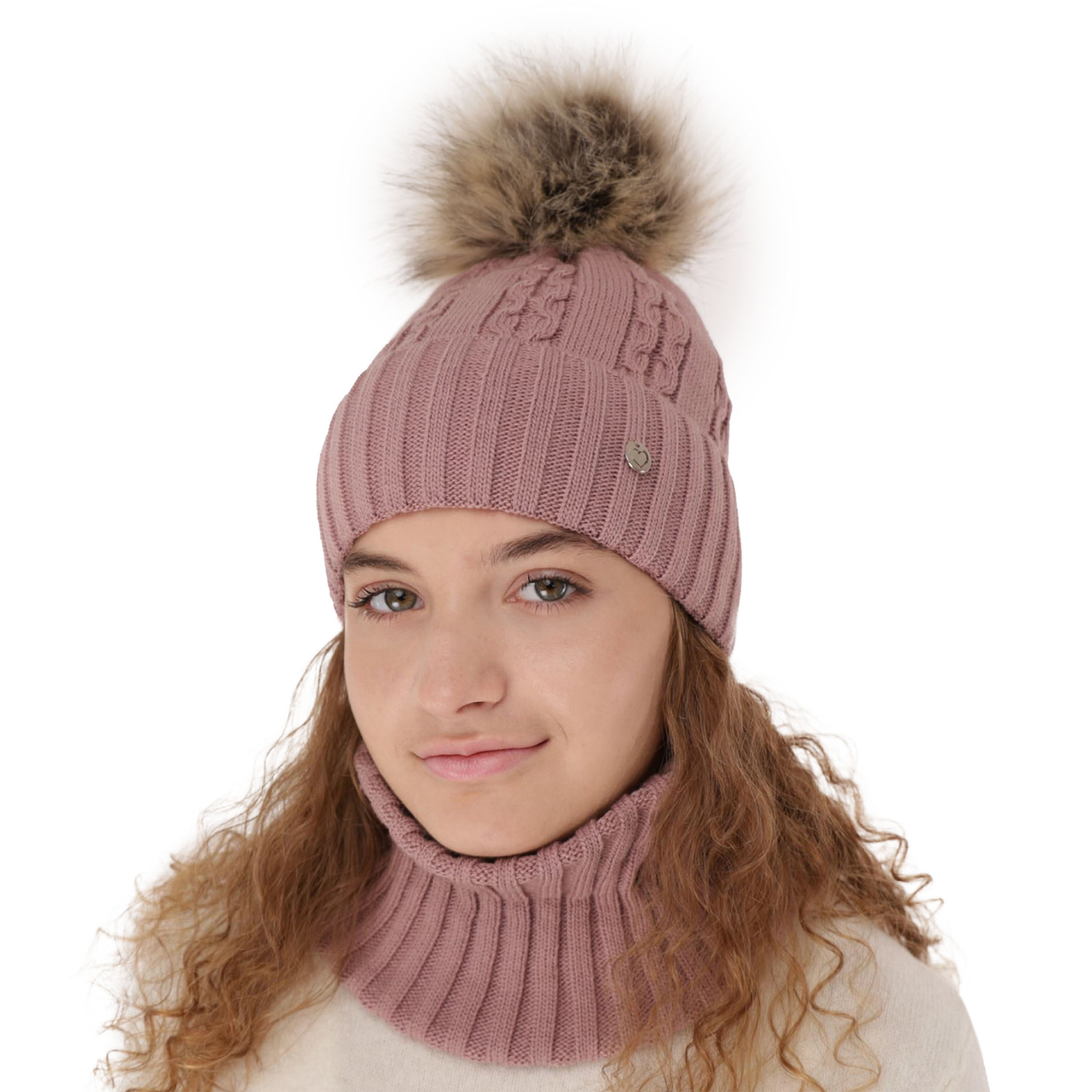 Flicka vinter set: mössa och tubhalsduk, rosa, med pompom, Felia