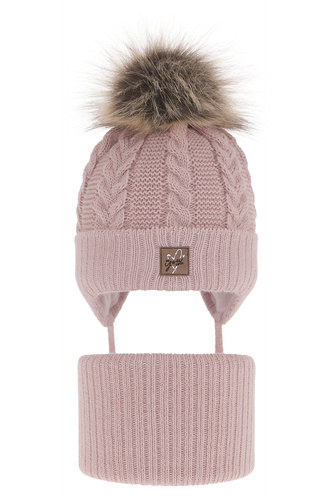 Flicka vinter set: mössa och tubhalsduk, rosa, med knytband, med pompom, Finess