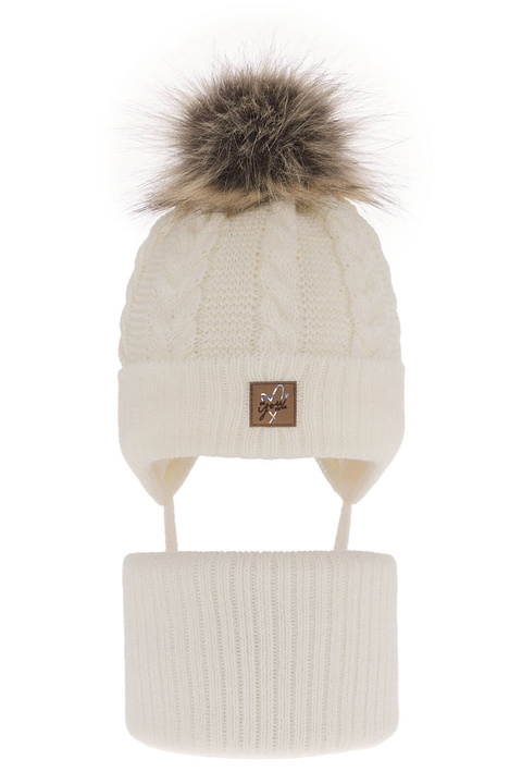 Flicka vinter set: mössa och halsduk, kremowy, med pompom, Finess