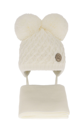 Flicka vinter set: mössa och halsduk, creme, med två pompommar, knytband, Anava