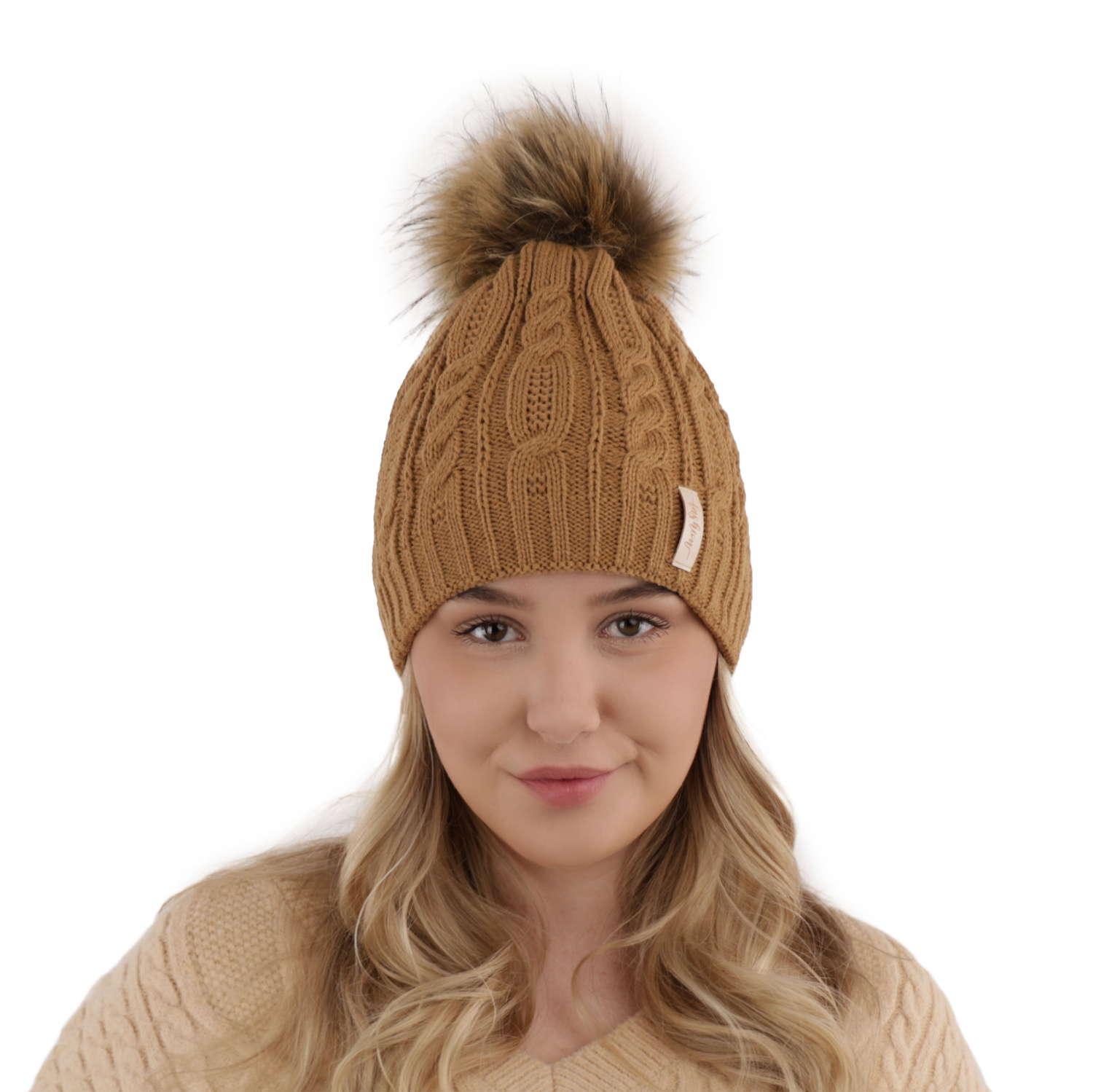 Dam vintermössa, camel, med pompom, Mirka