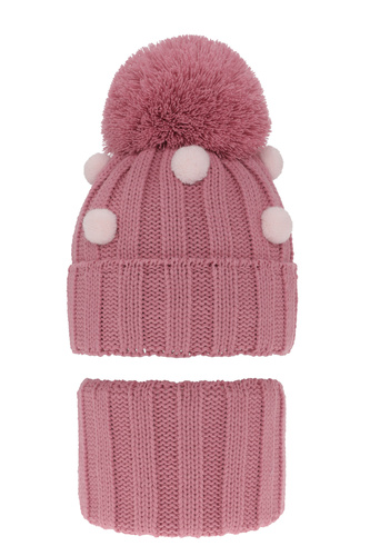 Flicka vinter set: mössa och halsduk, rosa, med pompom, Hekate