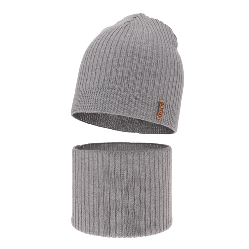 Pojke höst/vår set: mössa och tubhalsduk, grå, 100% Merino Ull, Chester
