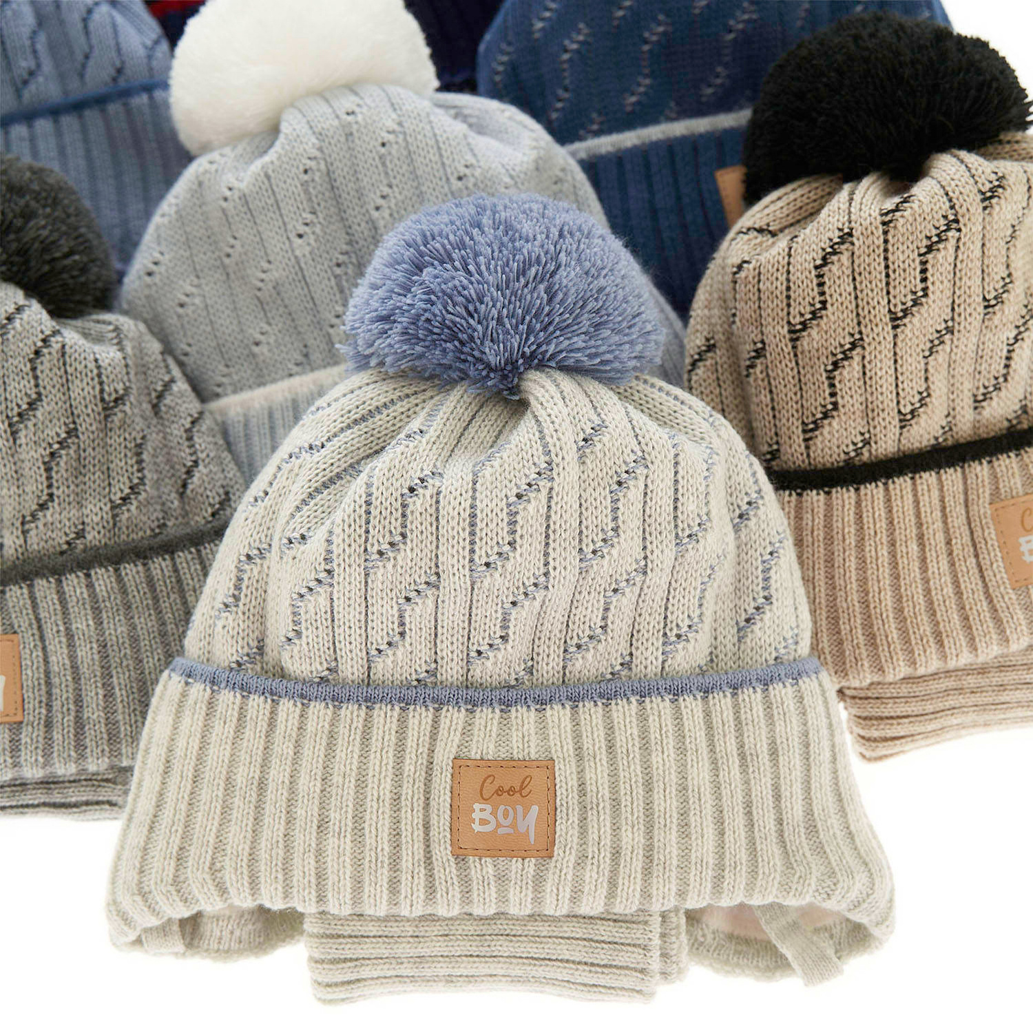 Pojke vinter set: mössa och halsduk, beige, med pompom, Pikolo