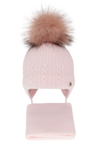 Flicka vinter set: mössa och halsduk, rosa, med pompom, Amana
