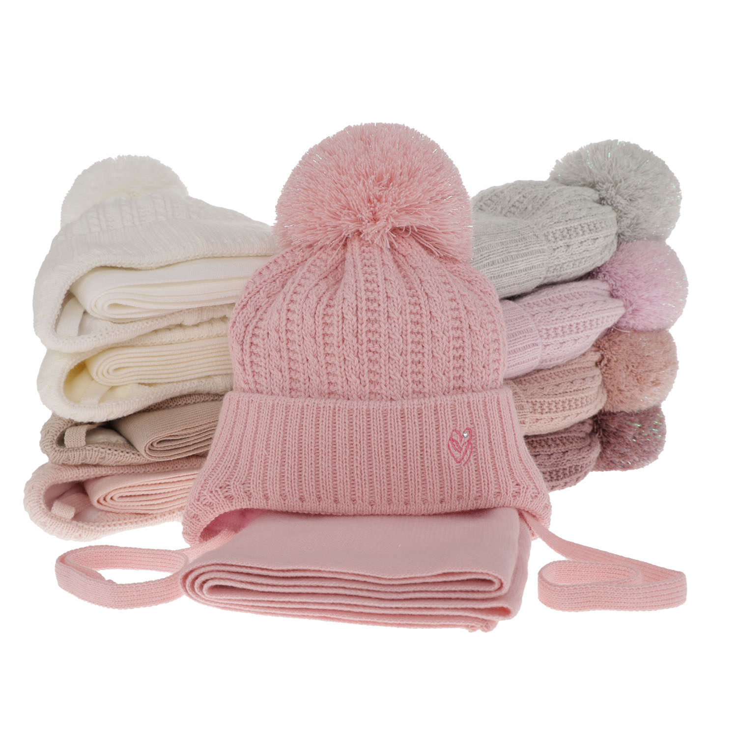 Flicka vinter set: mössa och halsduk, rosa, med knytband, med pompom, Marisa