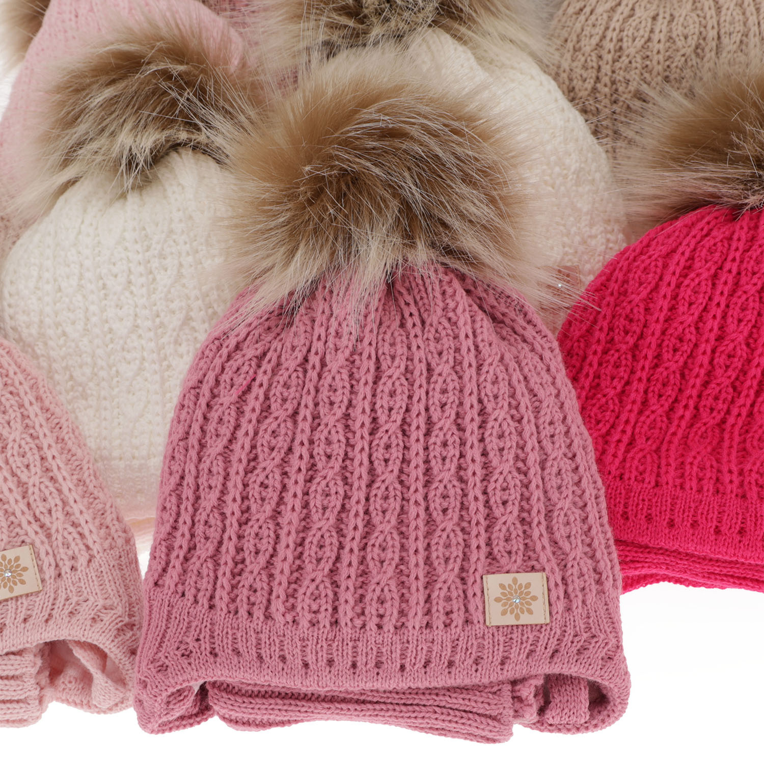 Flicka vinter set: mössa och halsduk, ljusrosa, med pompom, Passa