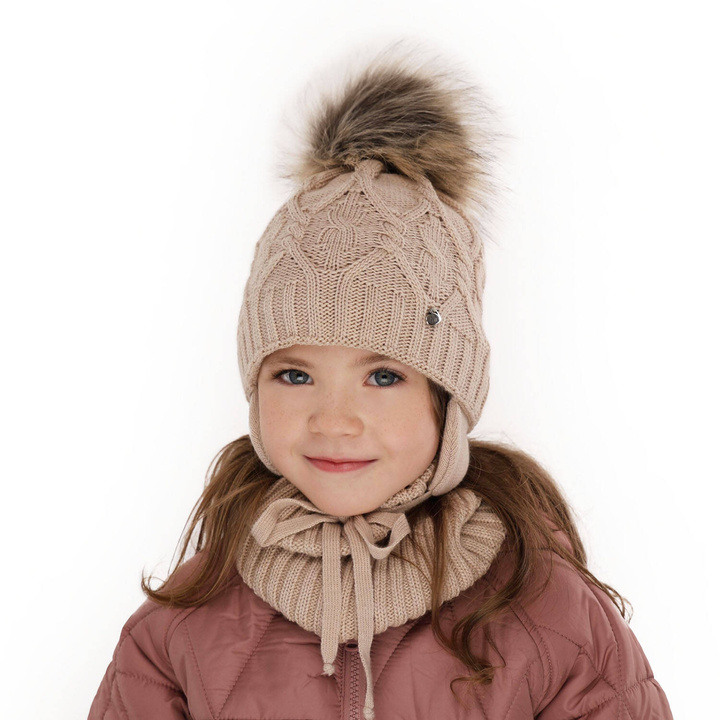 Flicka vinter set: mössa och tubhalsduk, beige, med pompom, Elena