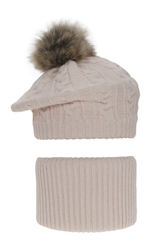 Flicka vinter set: beret och tubhalsduk, beige, med pompom, Koffi