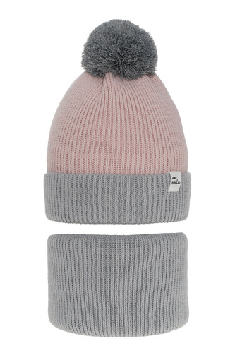 Flicka vinter set: mössa och tubhalsduk, grå, med pompom, Rosalin