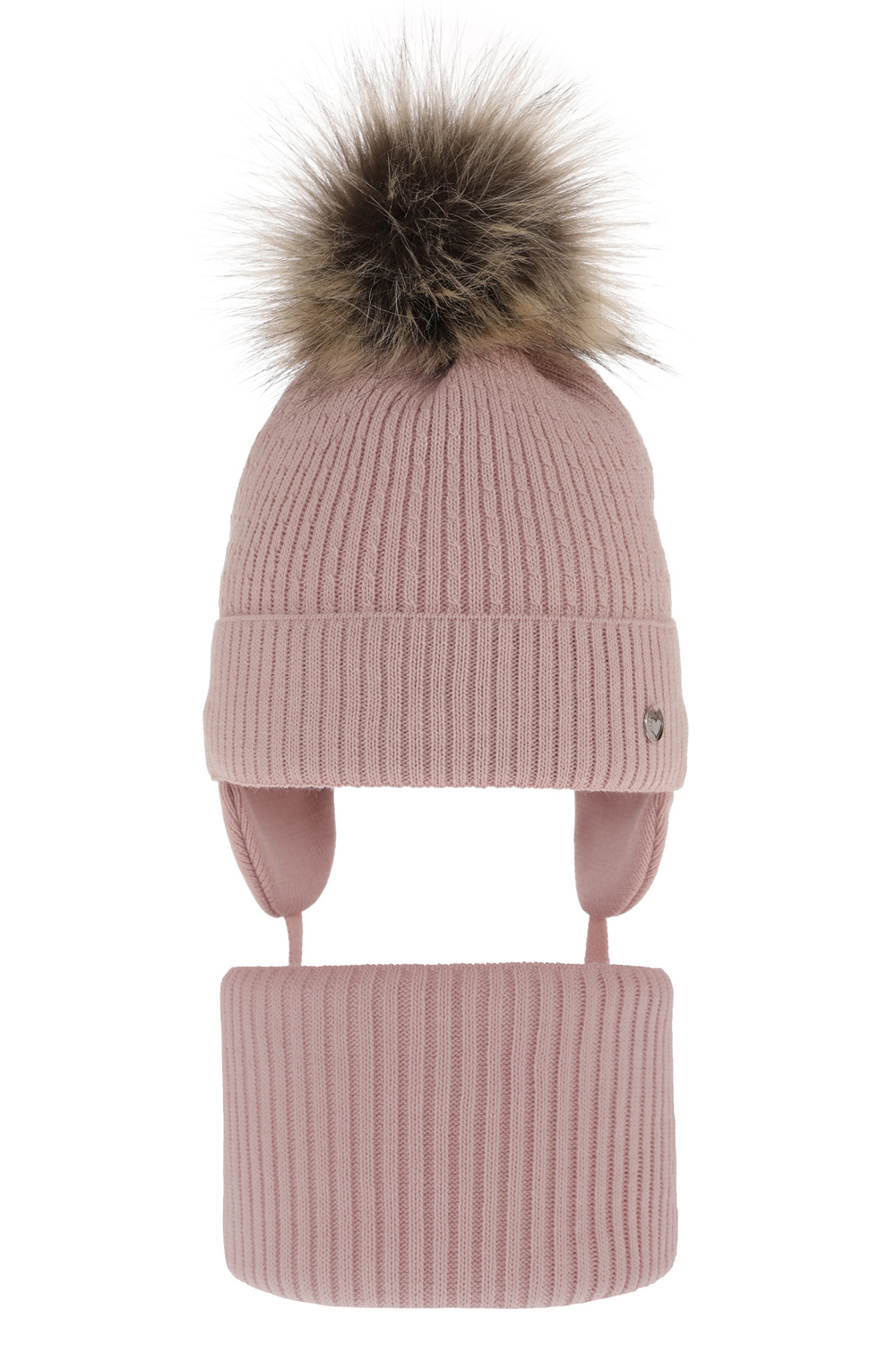 Flicka vinter set: mössa och tubhalsduk, rosa, med knytband, med pompom, Debra